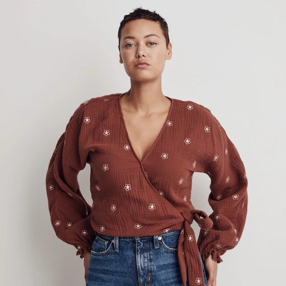 Madewell Tops - Madewell Red Lightspun Maira Longsleeve Wrap Top